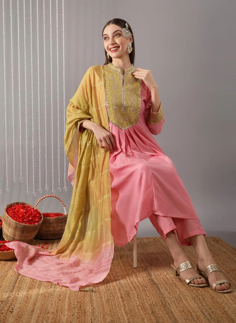globus Globus Women Pink Mandarin Collar Sequin Embroidered Yoke Pleated A-Line Kurta With Pants & Ombre Tassel Dupatta Festive Set